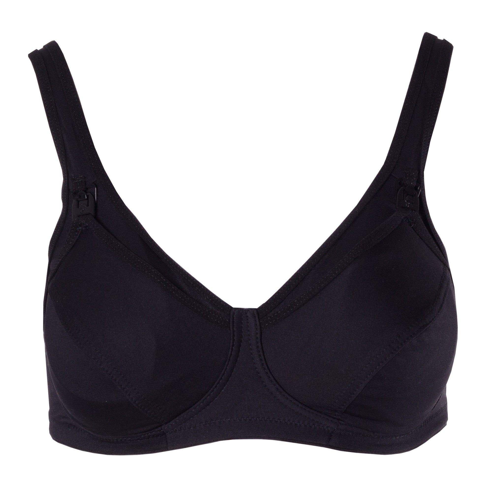 Soutien-gorge noir avec larges bretelles et bonnets. Soutien-gorge d'allaitement en fibre creuse. Couture diagonale.