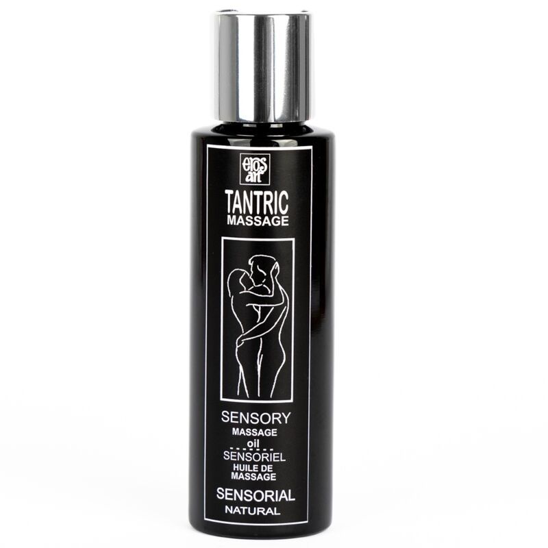 Bouteille noire d'huile de massage tantrique, bouchon argenté. Illustration d'un couple.