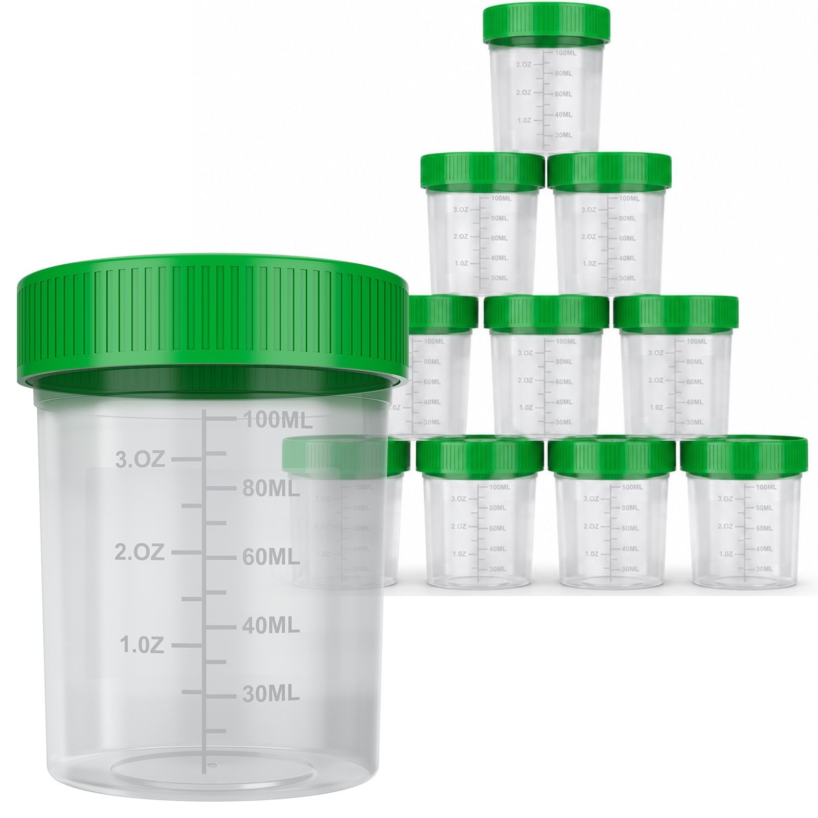 Meerdere doorzichtige monsterbekers met groene schroefdeksels, sommige met milliliters en ounces markeringen.