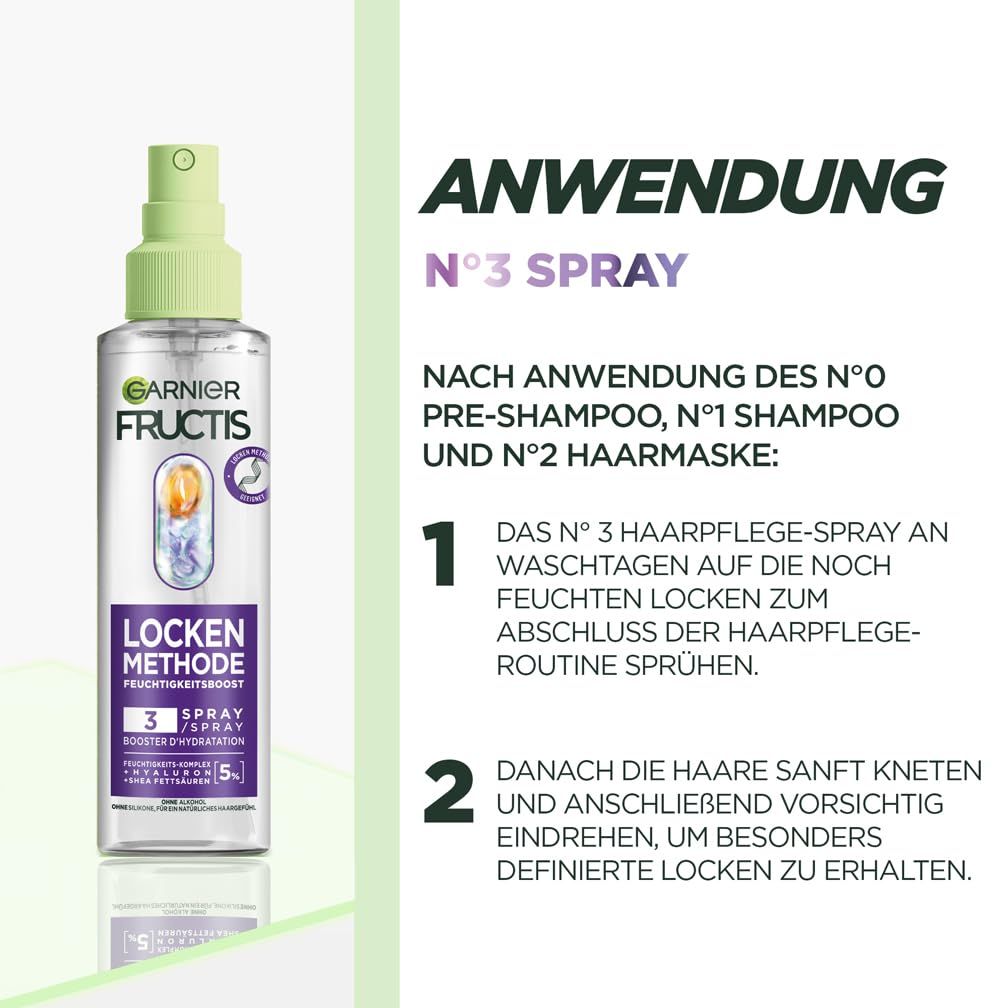 Instructions d'utilisation du spray. Texte: Garnier Fructis, Locken Methode, 3 Spray.