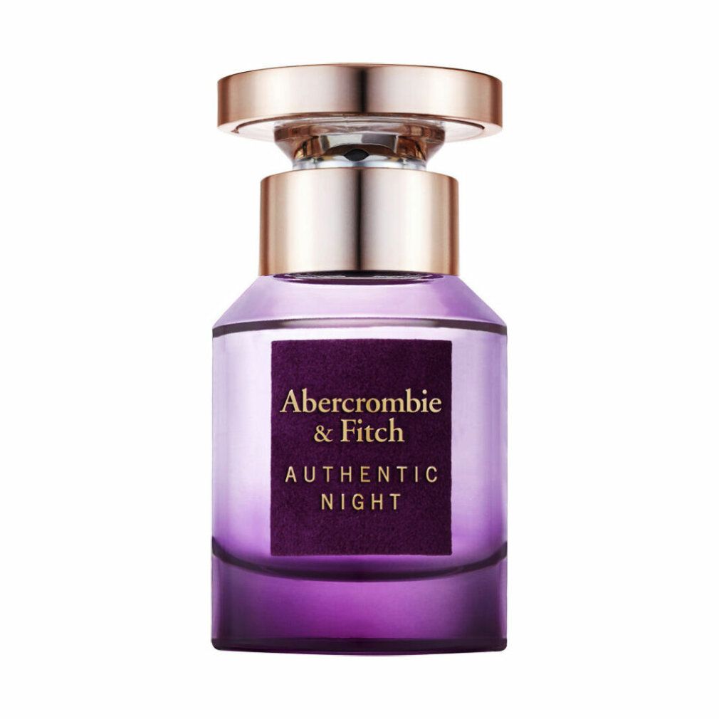 Flacon violet avec bouchon doré. L'étiquette indique "Abercrombie & Fitch Authentic Night".