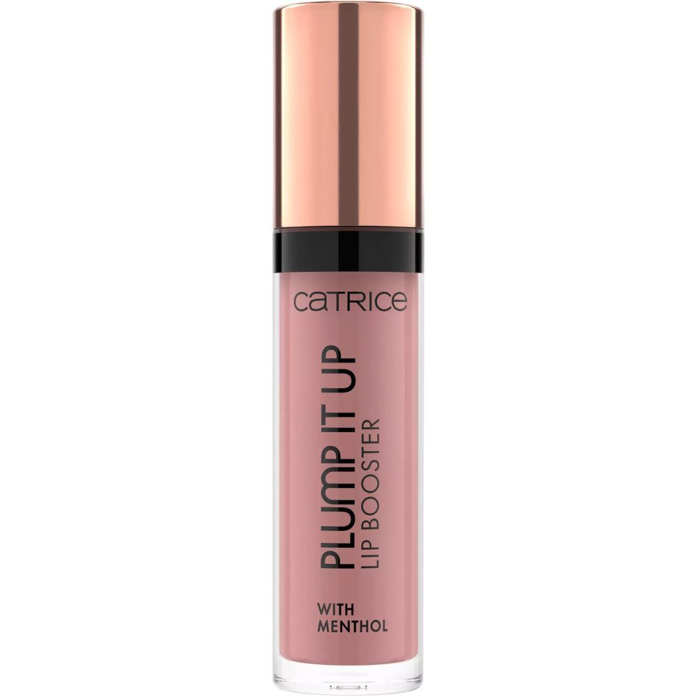 Lipgloss tube. Opschrift: PLUMP IT UP LIP BOOSTER, WITH MENTHOL. Merk: CATRICE. Roze tint.