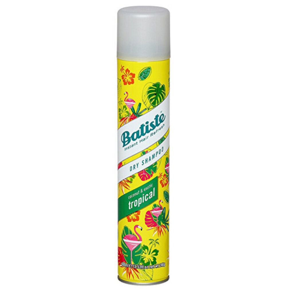 Batiste Droogshampoo Tropical. Gele spuitbus met tropische patronen, flamingo's en bladeren.