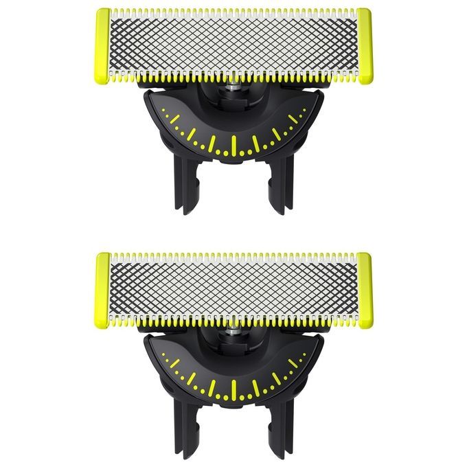 Deux lames de rechange pour Philips Norelco OneBlade. Support noir, lames jaunes.