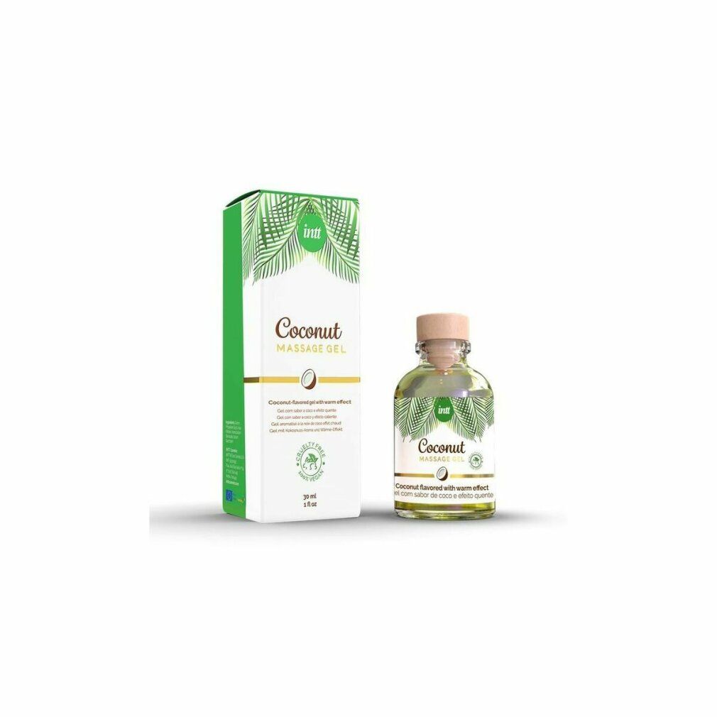 Intt Kokos Massage Gel verpakking en fles op witte achtergrond.