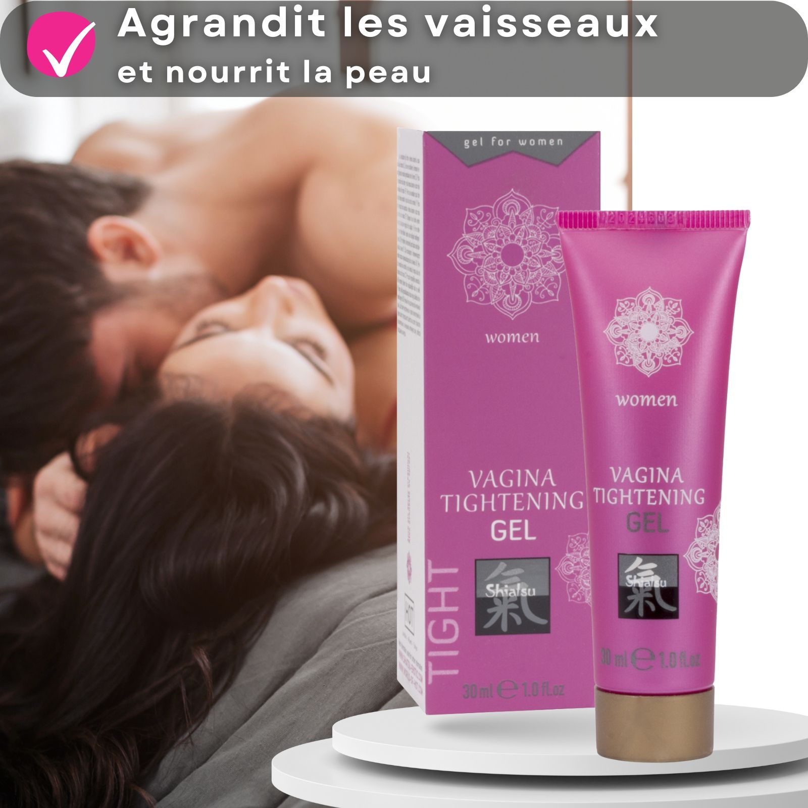 Produit et emballage. Gel Vagina Tightening. Tube rose. Texte et logo. Fond : couple.
