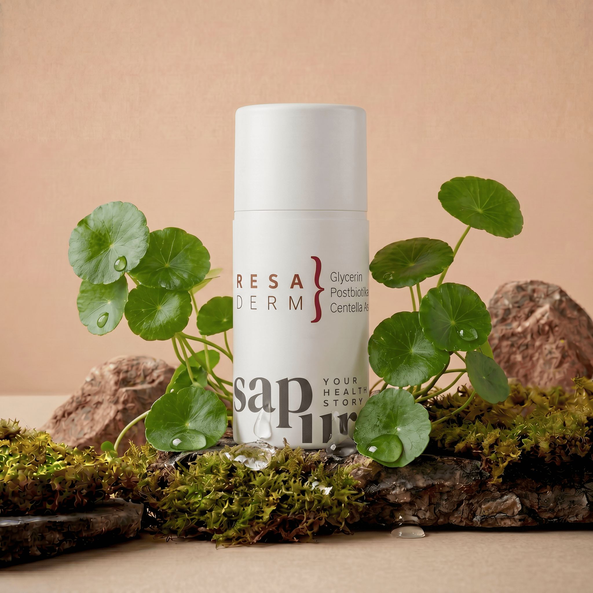 Flacon pompe blanc entouré de plantes et de pierres. Le produit contient glycérine, postbiotiques, Centella Asiatica.