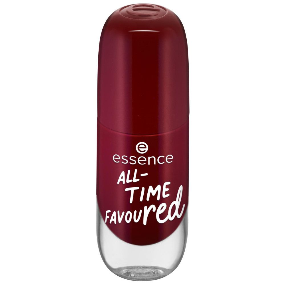 Flacon de vernis à ongles rouge fermé. Inscription : ALL-TIME FAVOURED red. Marque : essence.