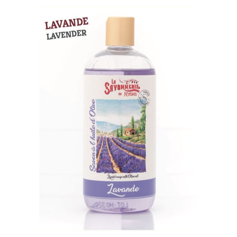 Vloeibare zeep navulling Lavendel. Transparante fles met etiket. Opschrift: La Savonnerie de Nyons, Lavande.