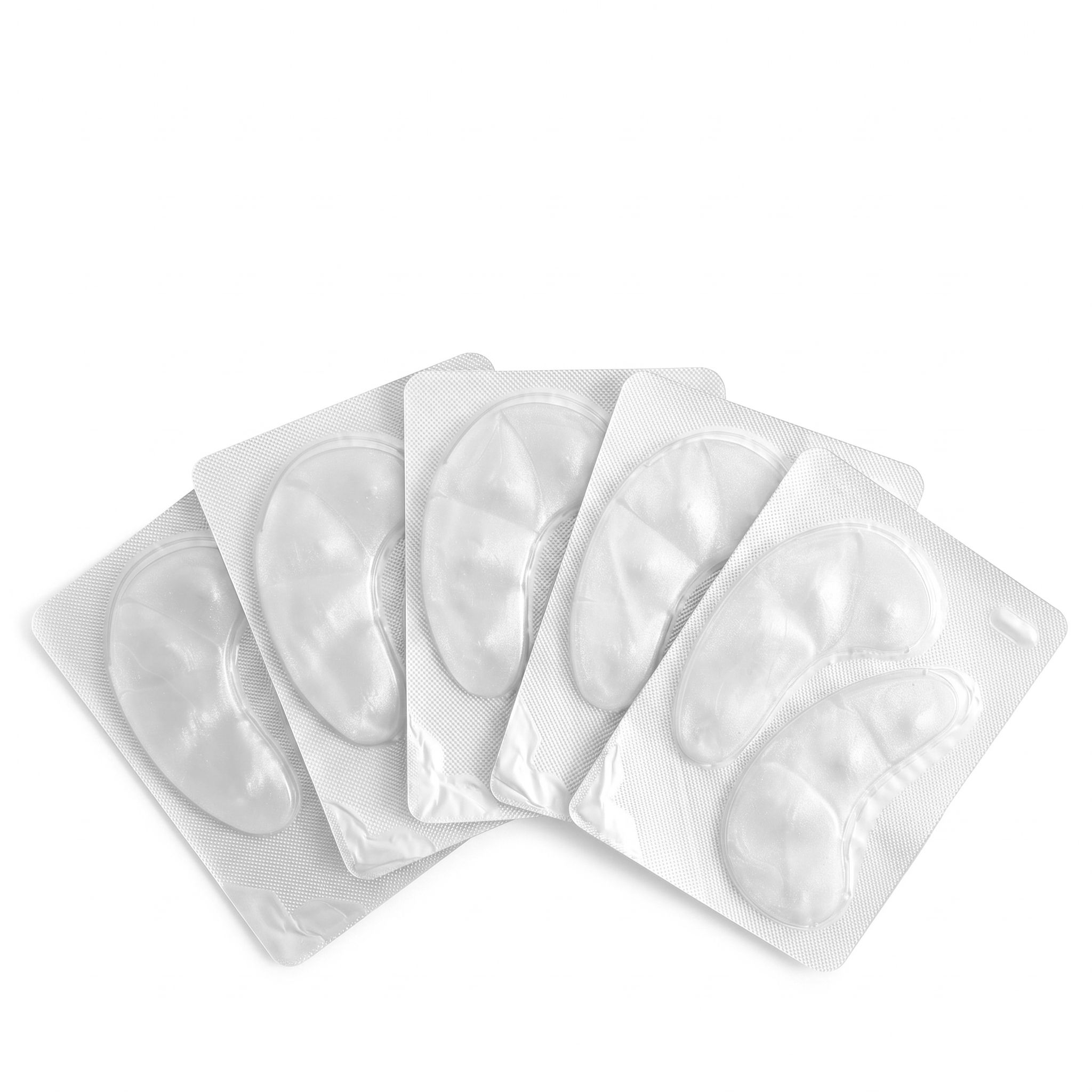 Cinq patchs oculaires en forme de demi-lune, emballés individuellement.