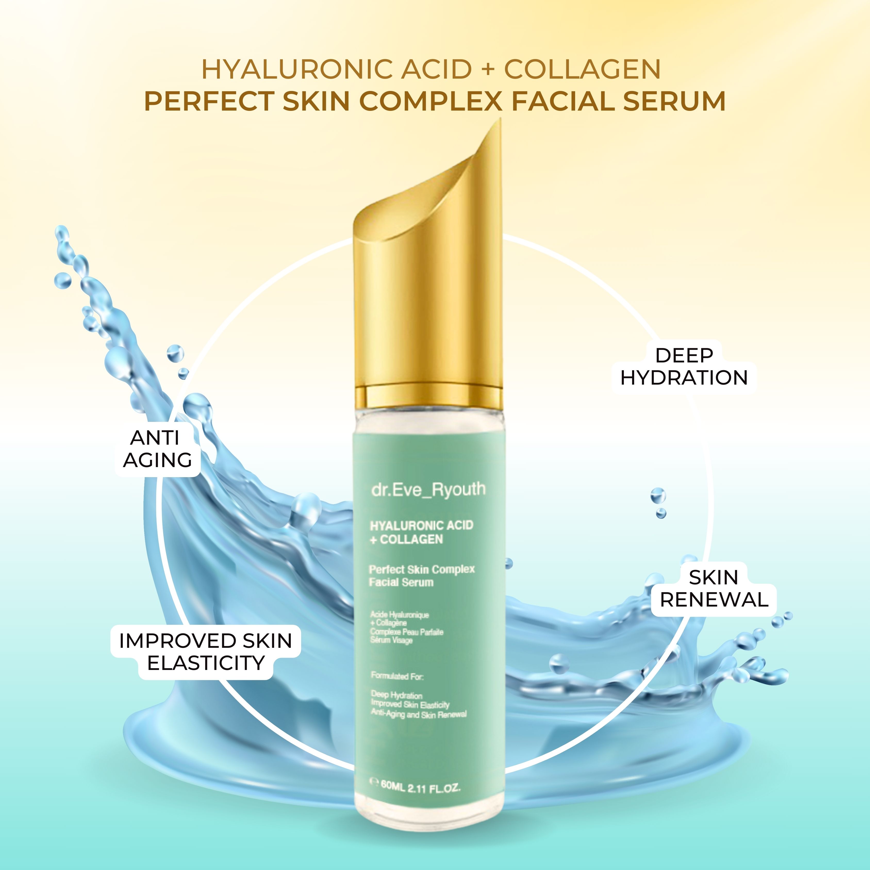 Serumfles met gouden dop, omringd door water. Opschrift: Hyaluronzuur + collageen, Perfect Skin Complex Facial Serum.