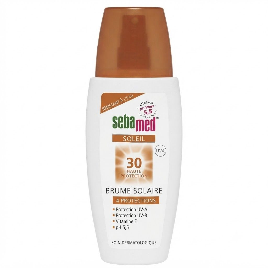 Sebamed Spray Protection Solaire SPF 30, flacon blanc avec tête de pulvérisation orange, vue latérale.