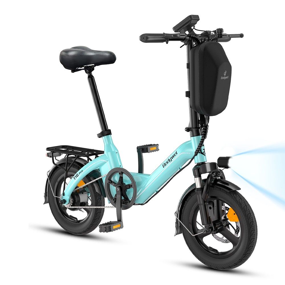 Vélo électrique bleu clair avec porte-bagages, selle et guidon noirs. Phare allumé. Inscription "T16 Pro".