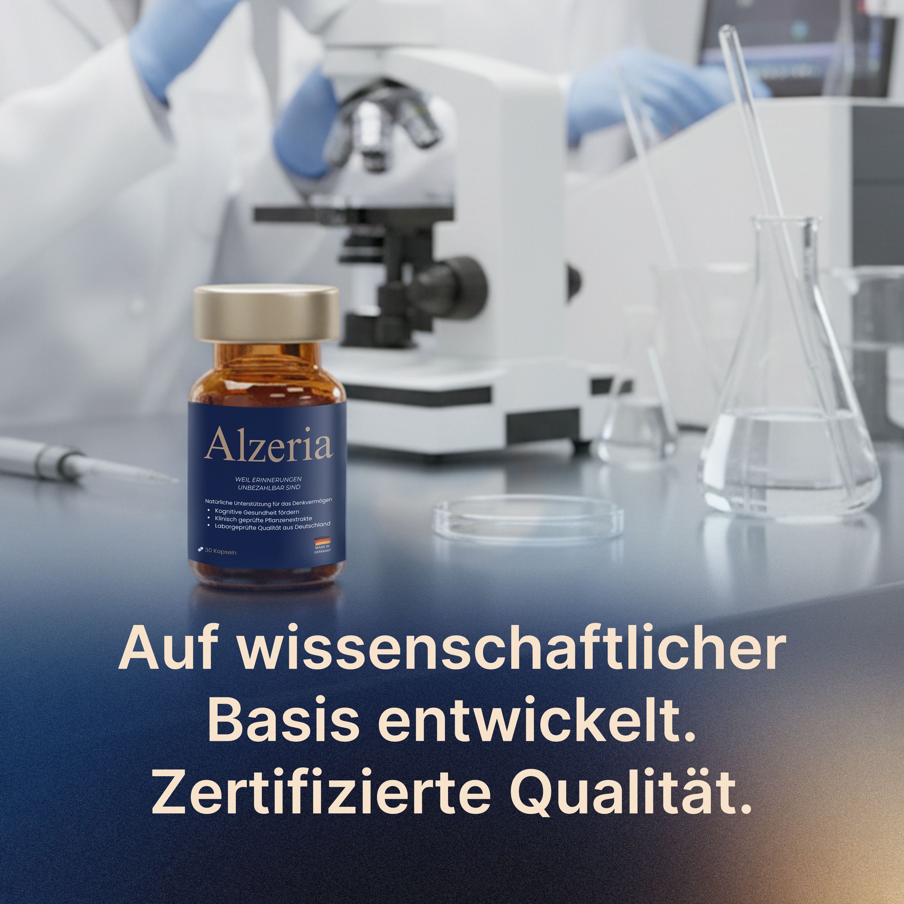 Fles Alzeria naast microscoop en laboratoriumgereedschap. Tekst: Ontwikkeld op wetenschappelijke basis. Gecertificeerde kwaliteit.