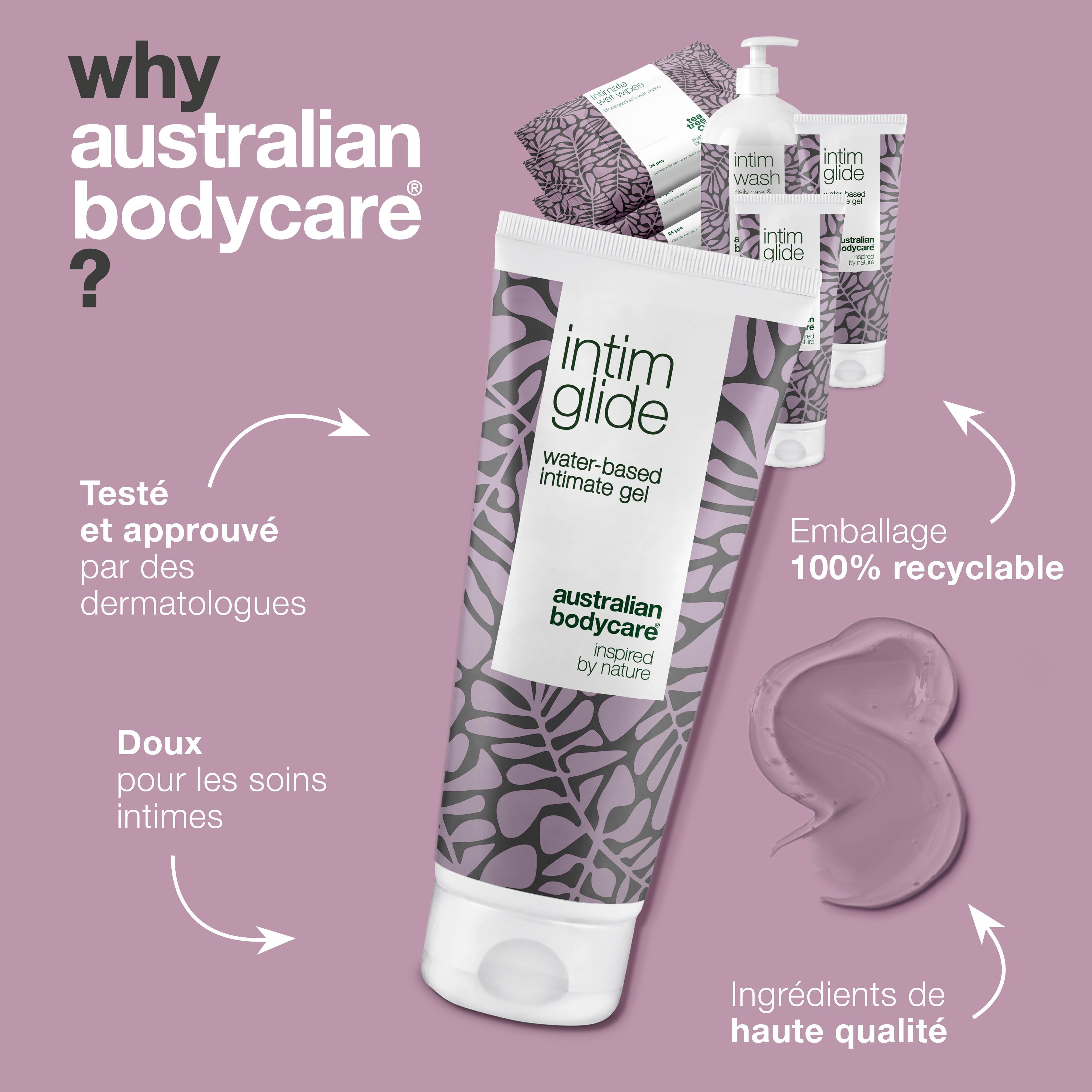 Tube Intim Glide, Texte : water-based intimate gel. Marque : Australian Bodycare. Texte.