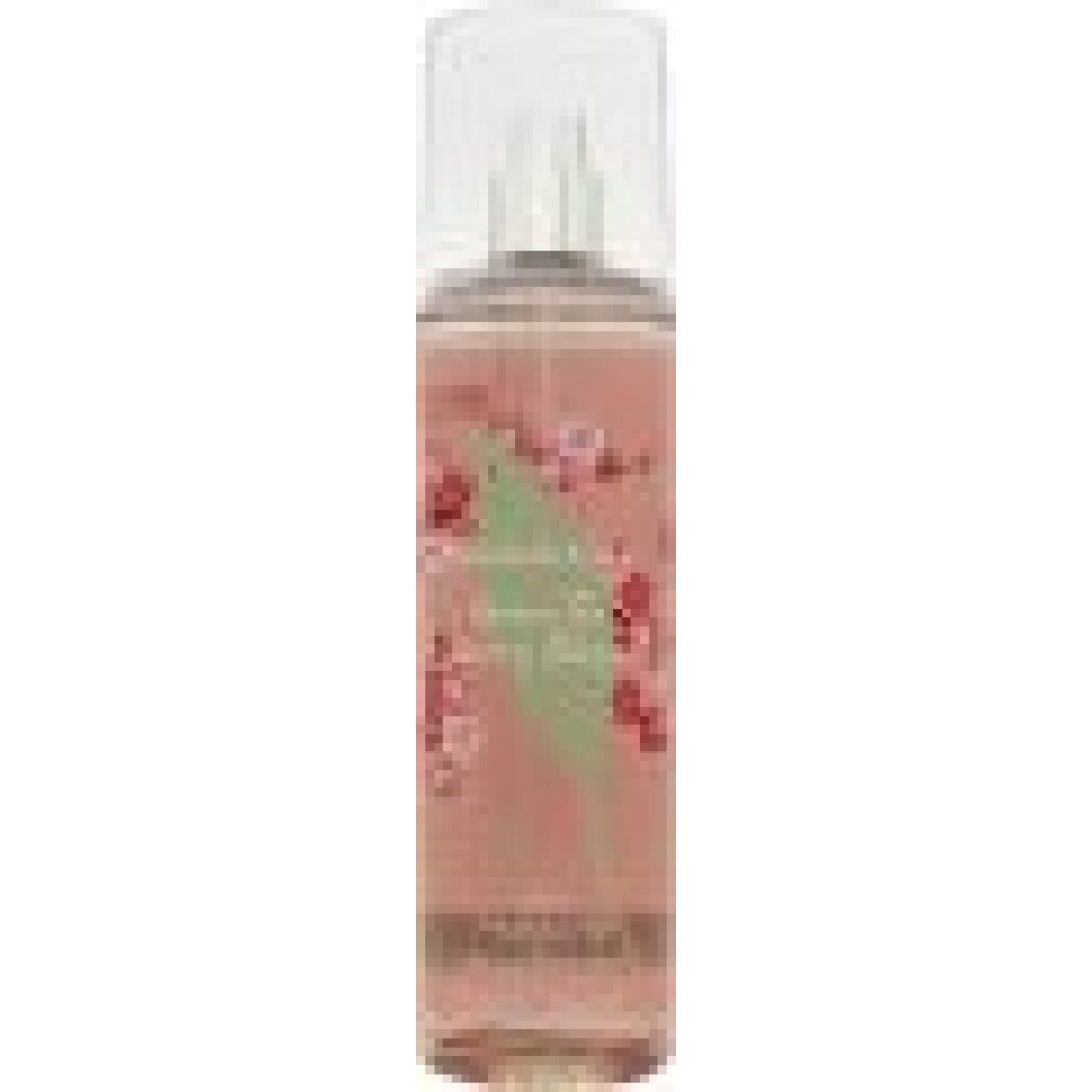 Cilindrische fles met verstuiver en transparante dop. Roze vloeistof, etiket met bloemen en tekst.