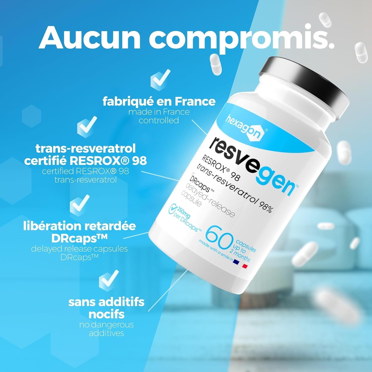 Capsule Hexagon Resveratrol: Fabriqué en France, sans additifs nocifs.