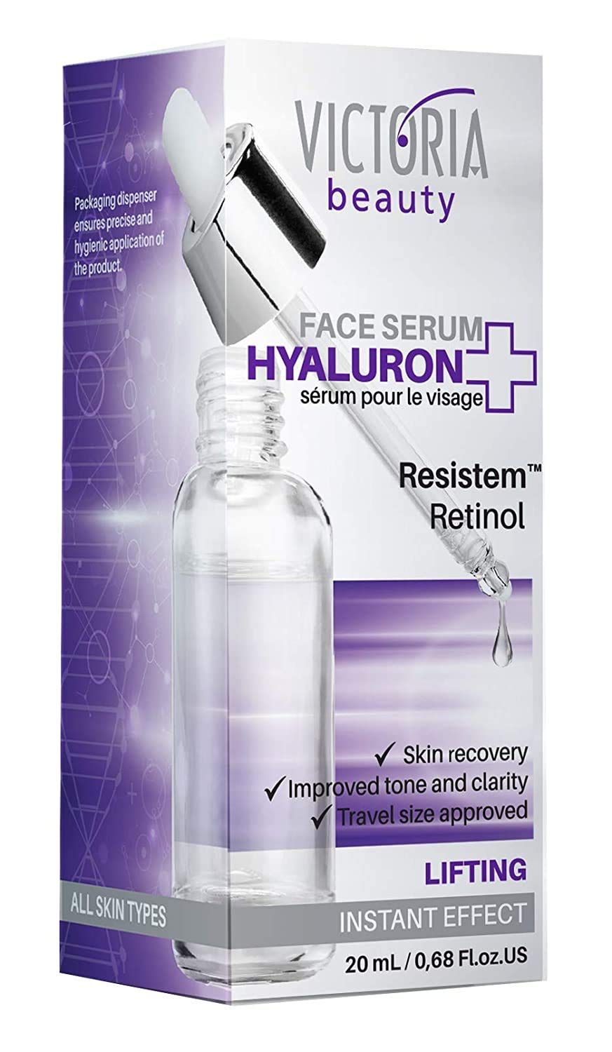 Victoria Beauty Hyaluron Serum verpakking met flesje en pipet.