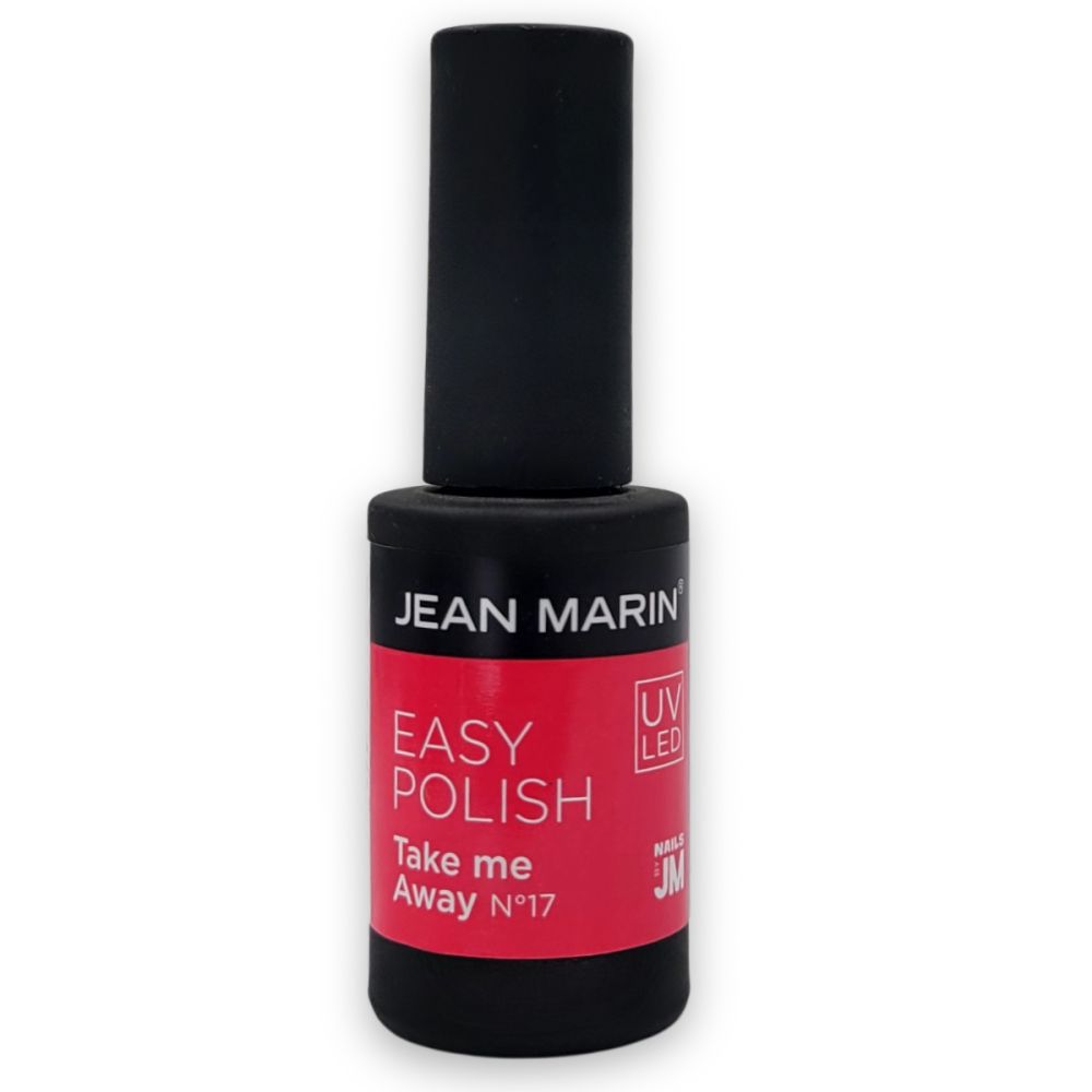 Flacon noir avec étiquette rouge. Inscriptions: JEAN MARIN, EASY POLISH, Take me Away N°17. Logo UV LED.