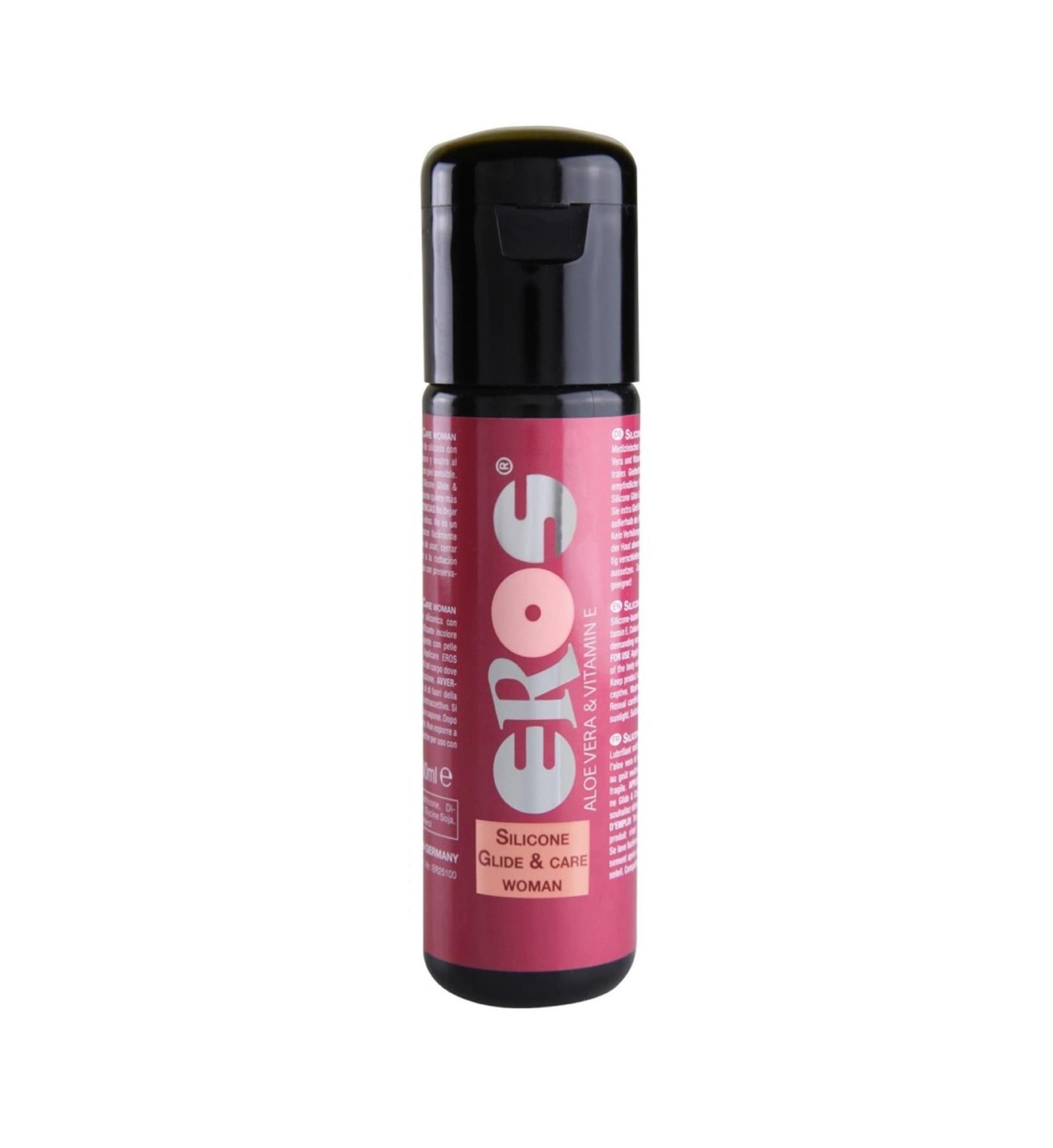 Flacon cylindrique noir et rose. Inscriptions: EROS, Silicone Glide & Care, Woman. Contient Aloe Vera & Vitamine E.