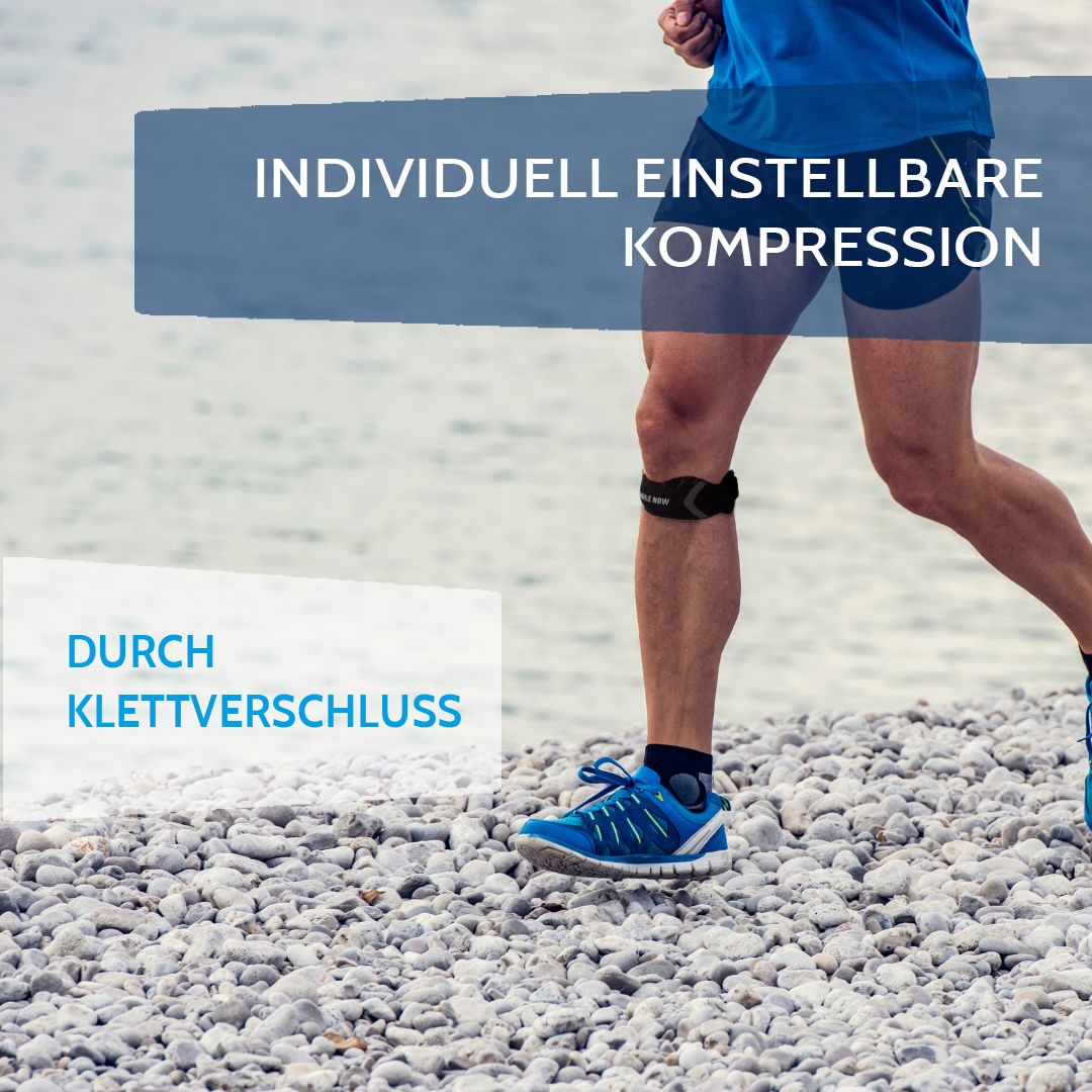 Homme courant avec genouillère. Texte : COMPRESSION RÉGLABLE INDIVIDUELLEMENT PAR FERMETURE VELCRO. Genouillère.