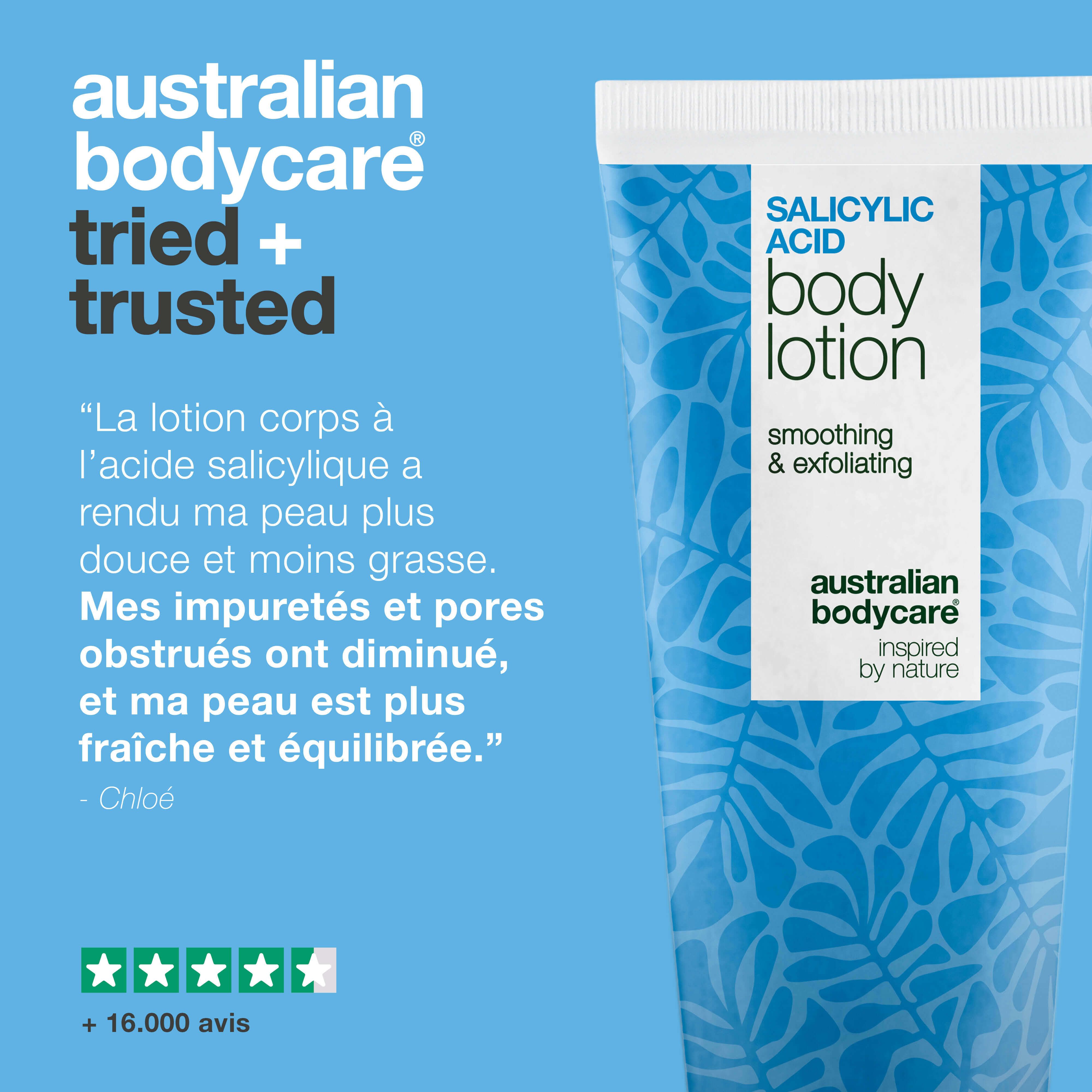 Publicité. Tube de lotion pour le corps à l'acide salicylique. Citation : peau plus douce, moins grasse. Impuretés réduites. Peau plus fraîche.