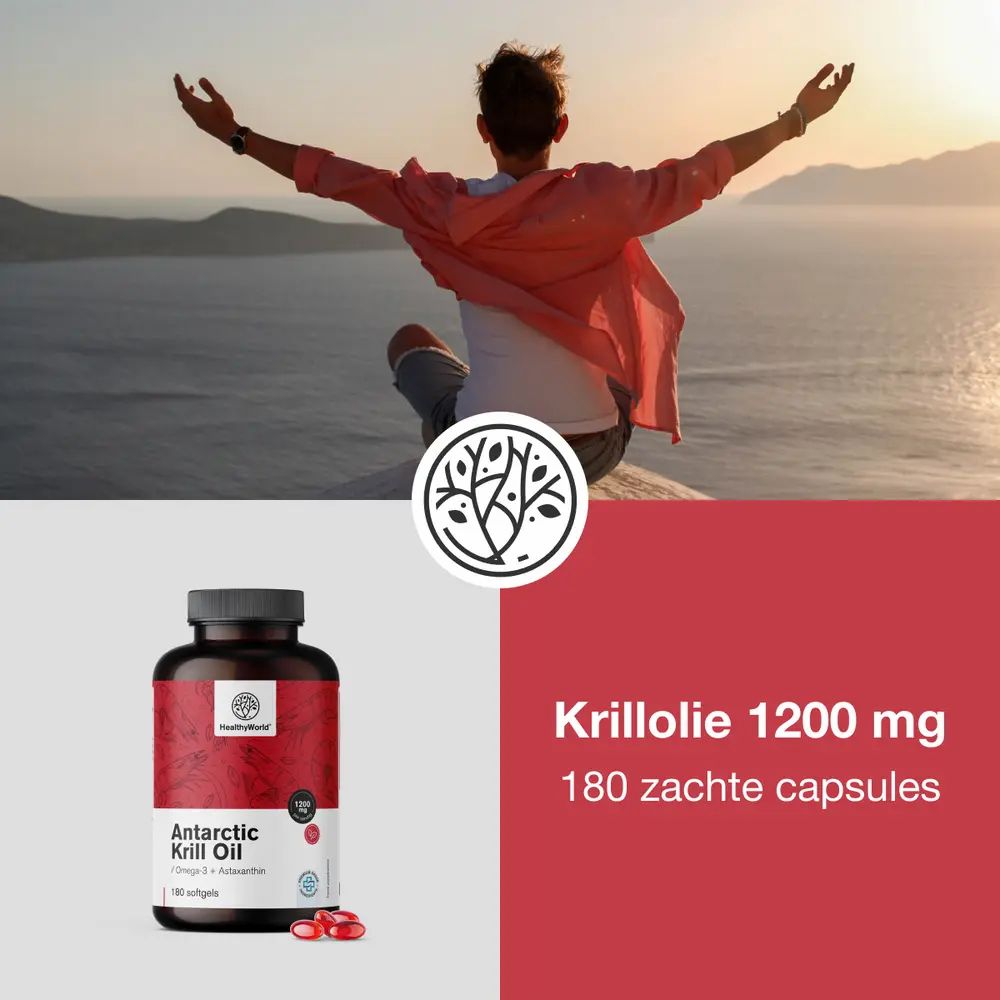 Man met open armen op een berg. Flesafbeelding en tekst: Krillolie 1200 mg, 180 zachte capsules.