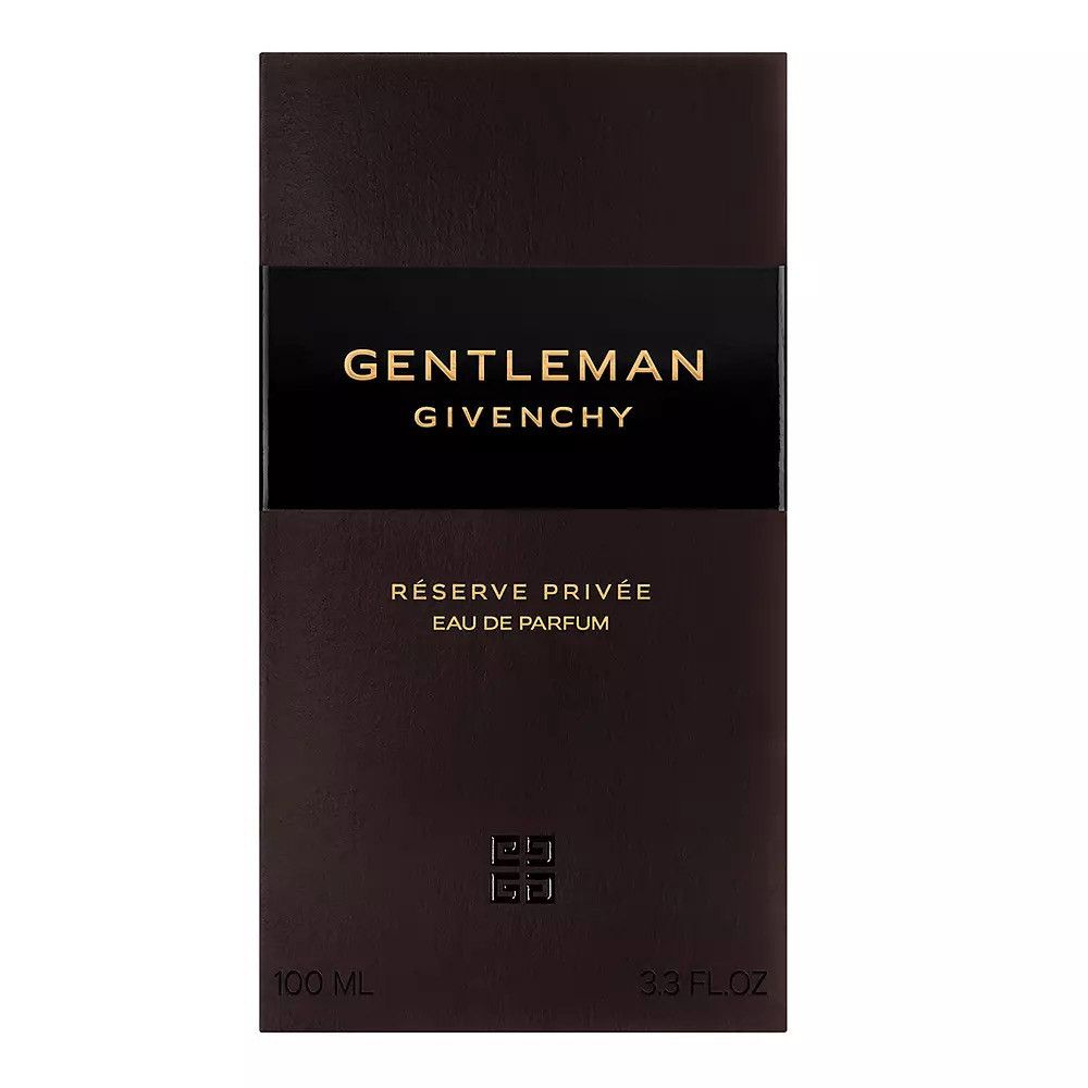 Bruine rechthoekige verpakking met zwarte band en gouden tekst: GENTLEMAN Givenchy. Daaronder: RÉSERVE PRIVÉE EAU DE PARFUM. Logo onderaan.