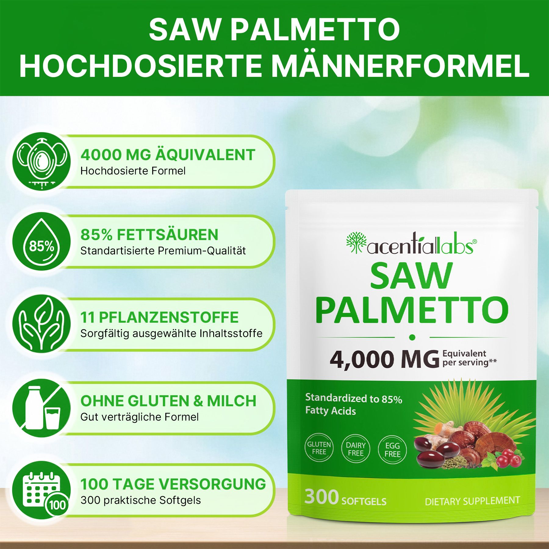 Acentiallabs Capsules molles à haute dose d'extrait de palmier nain et d'huile de pépins de courge