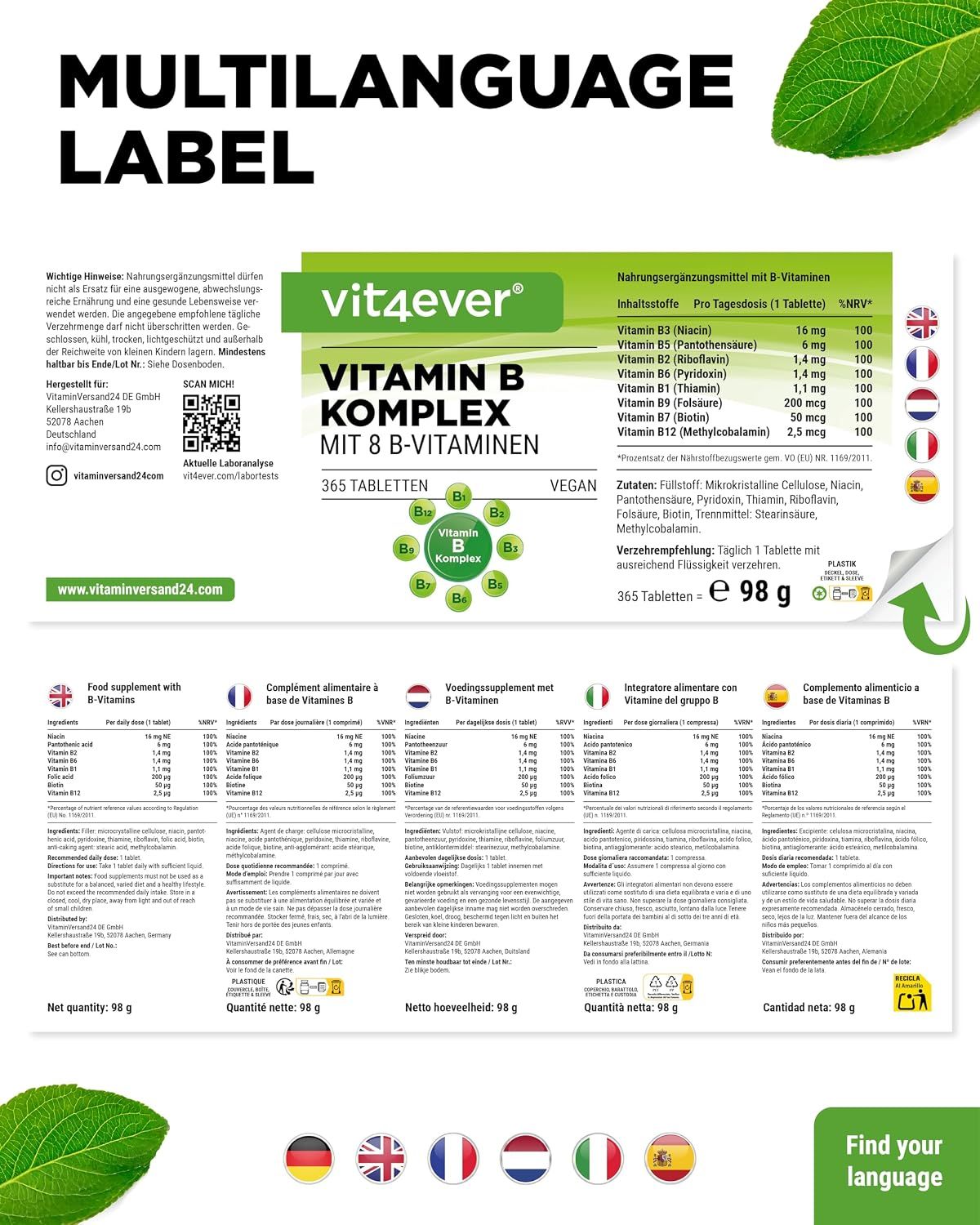 Vit4ever Vitamine B Complex: Meertalige etiketten met landenvlaggen.