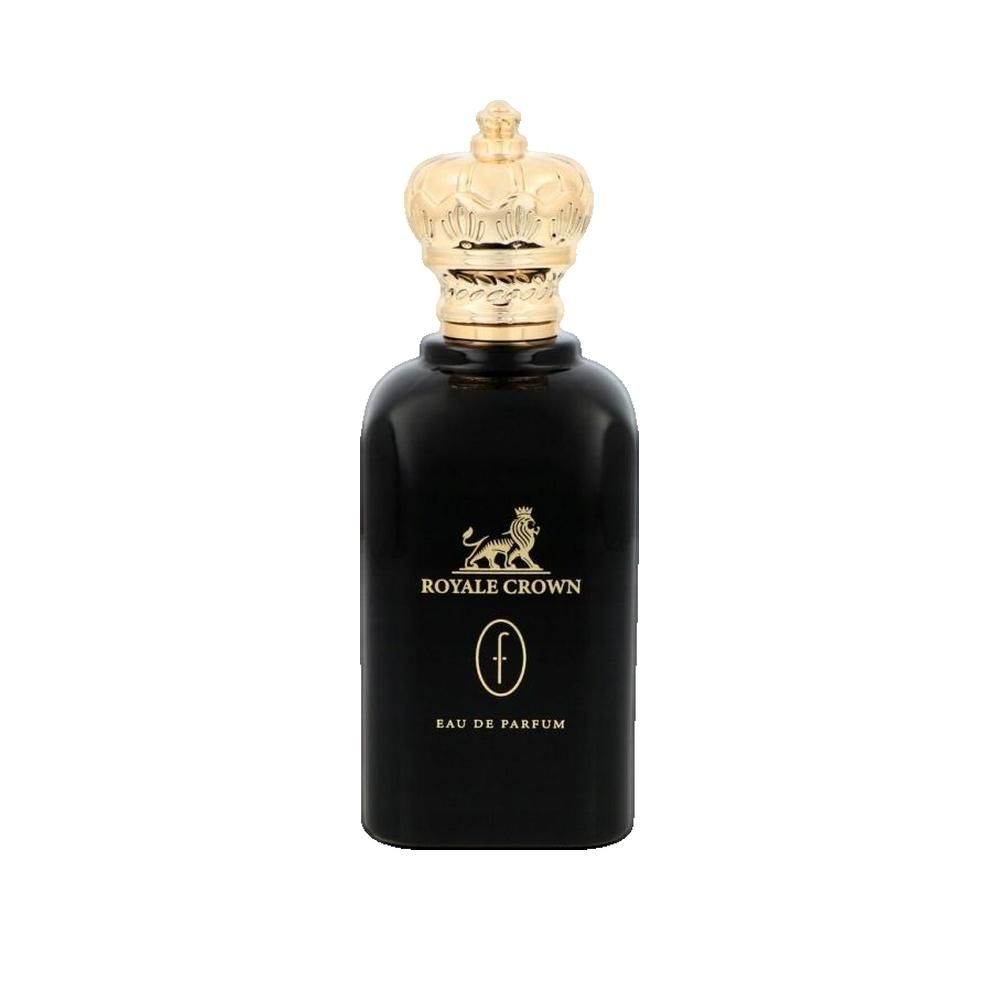 Zwarte flacon met gouden kroon. Opschrift: Royale Crown, Eau de Parfum. Gouden leeuw.