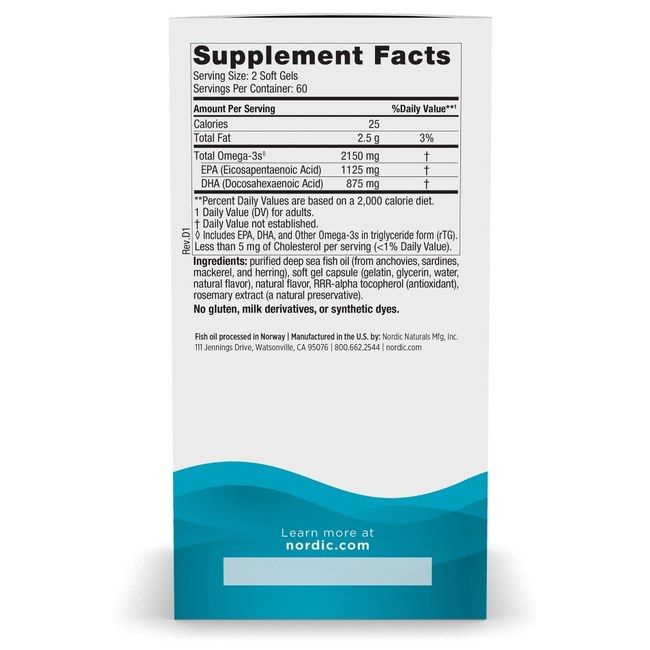 Nordic Naturals Ultimate Omega 2X, arrière de l'emballage. Contient des informations nutritionnelles et des ingrédients.