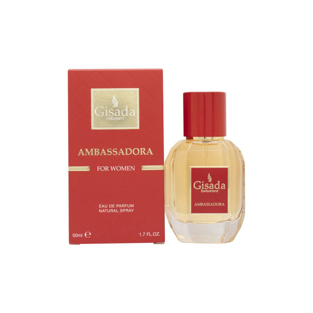 Gisada Ambassadora Eau de Parfum fles en rode verpakking met tekst.