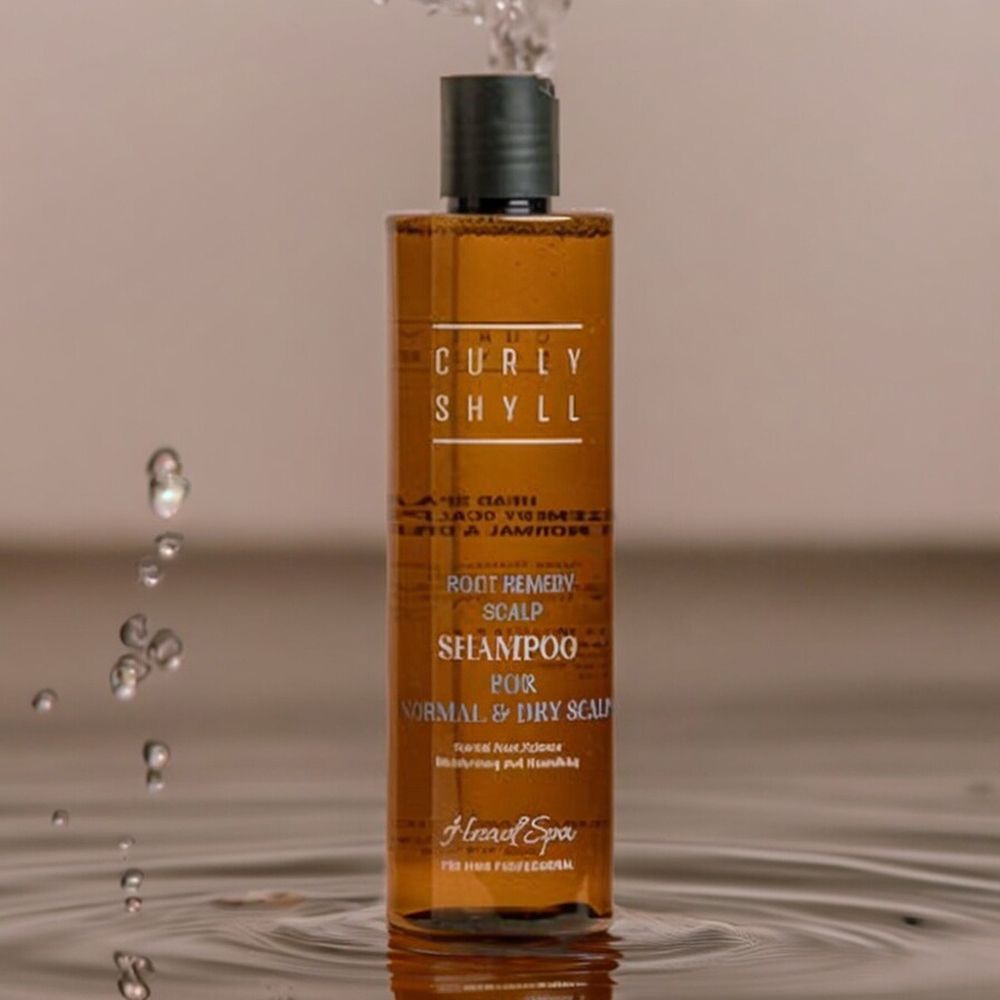Bruine shampoo fles met zwarte dop. Opspattend water. Opschrift: CURLY SHYLL, Root Remedy Scalp Shampoo, voor normale en droge hoofdhuid. Head Spa.