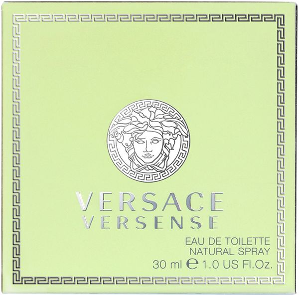 Versace Versense Eau de Toilette Spray. Emballage vert avec logo et informations produit.