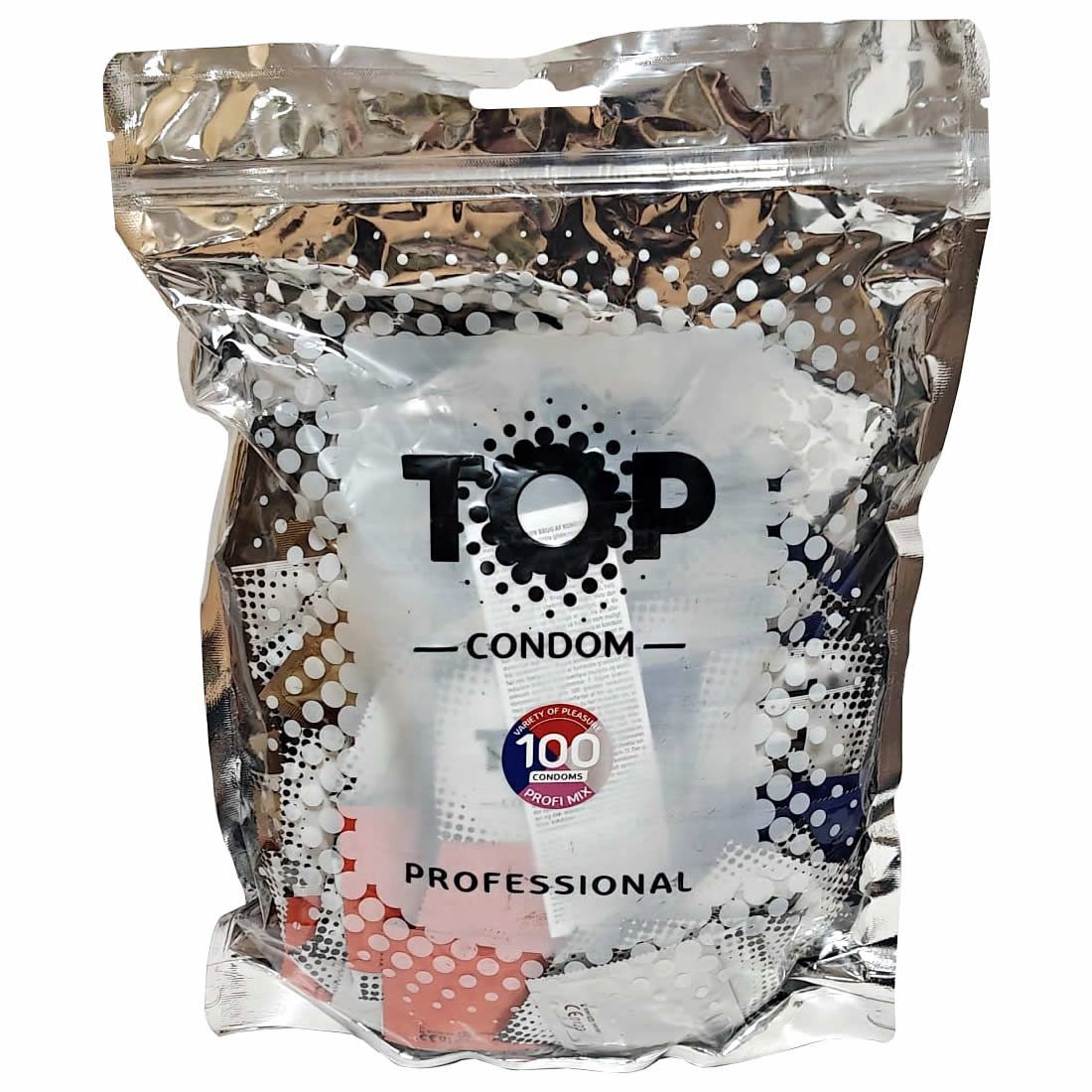 Emballage argenté zippé. Inscription : TOP CONDOM, 100 préservatifs, PROFESSIONAL. Préservatifs individuels visibles.