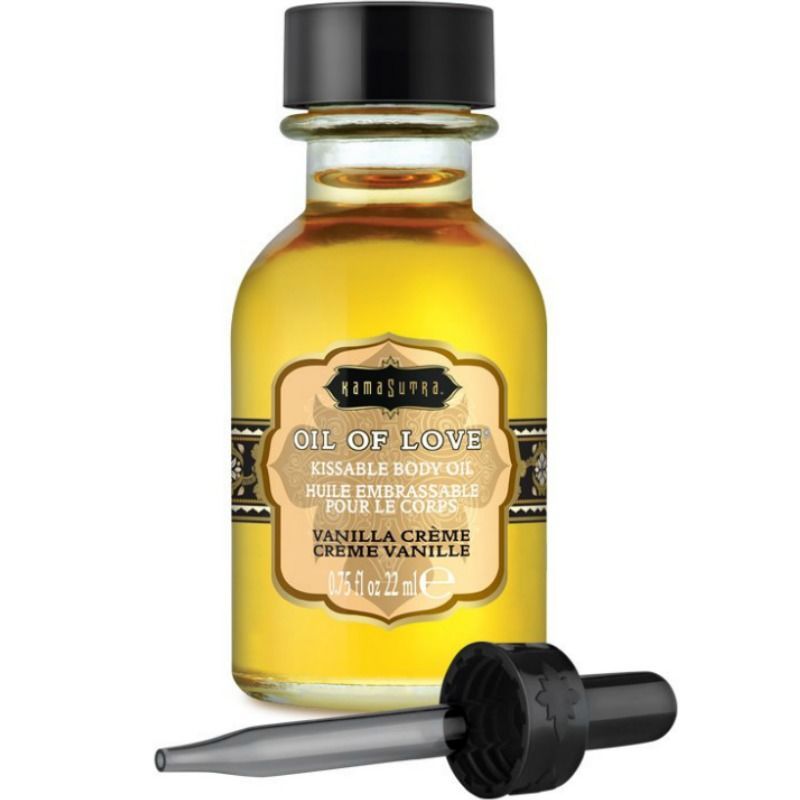 Flesje olie en pipet. Opschrift: Oil of Love, Vanille Crème. Gele olie.