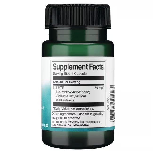 Vue arrière du flacon vert. Étiquette avec Supplement Facts, 5-HTP, 50 mg. Ingrédients: farine de riz, gélatine, stéarate de magnésium.