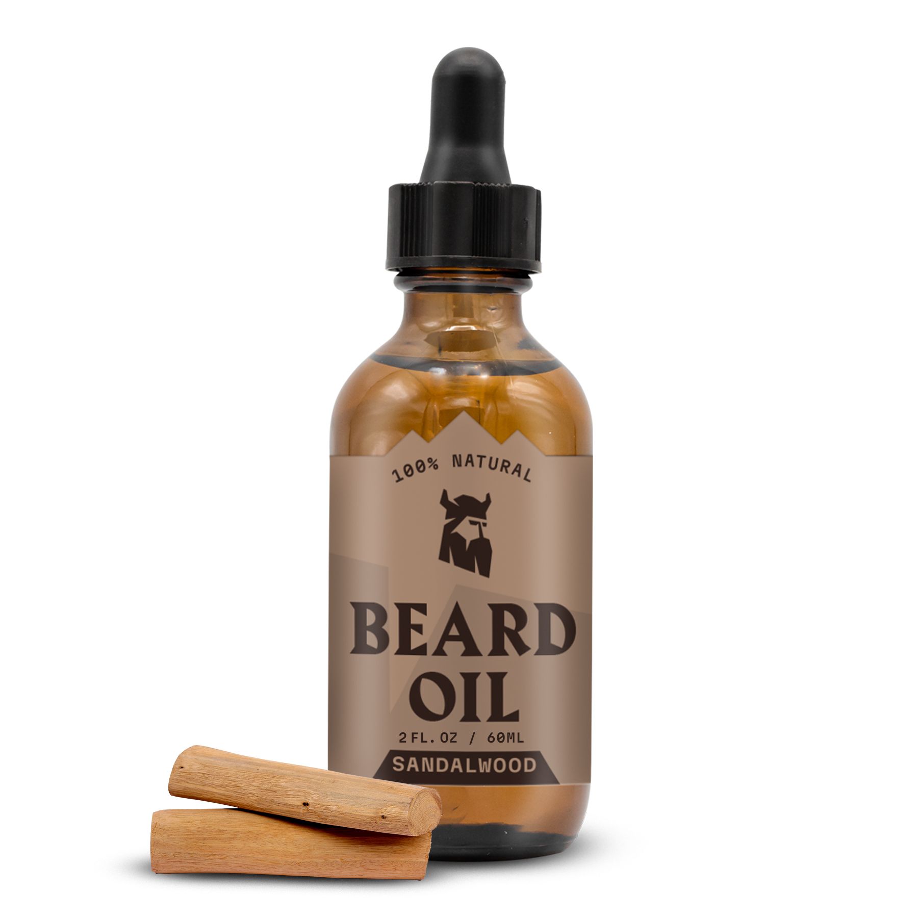 Striking Viking Baardolie Sandelhout in bruine glazen fles met druppelaar, met twee stukken sandelhout ernaast.