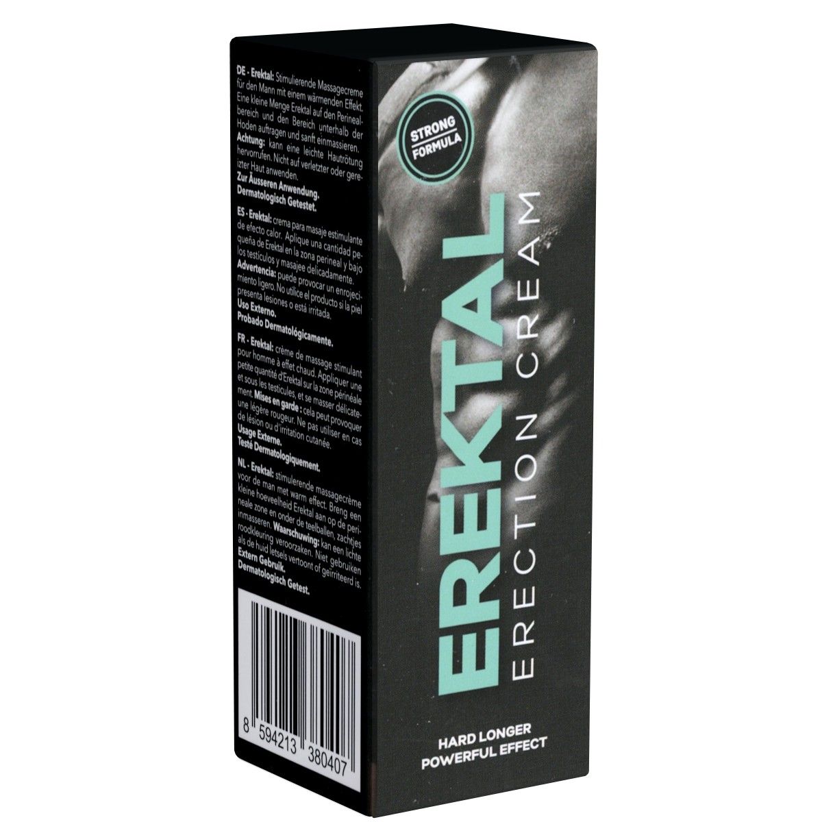 Zwarte productverpakking met "EREKTAL ERECTION CREAM" in turquoise. "STRONG FORMULA" en "HARD LONGER POWERFUL EFFECT" zijn ook zichtbaar.