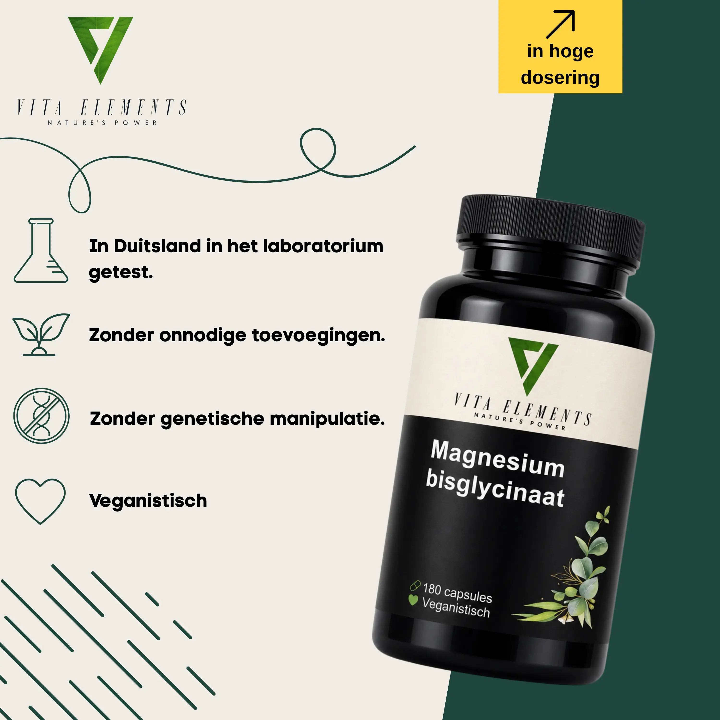Informatie over Vita Elements Magnesiumbisglycinaat: In het lab getest, hoog gedoseerd, zonder toevoegingen.