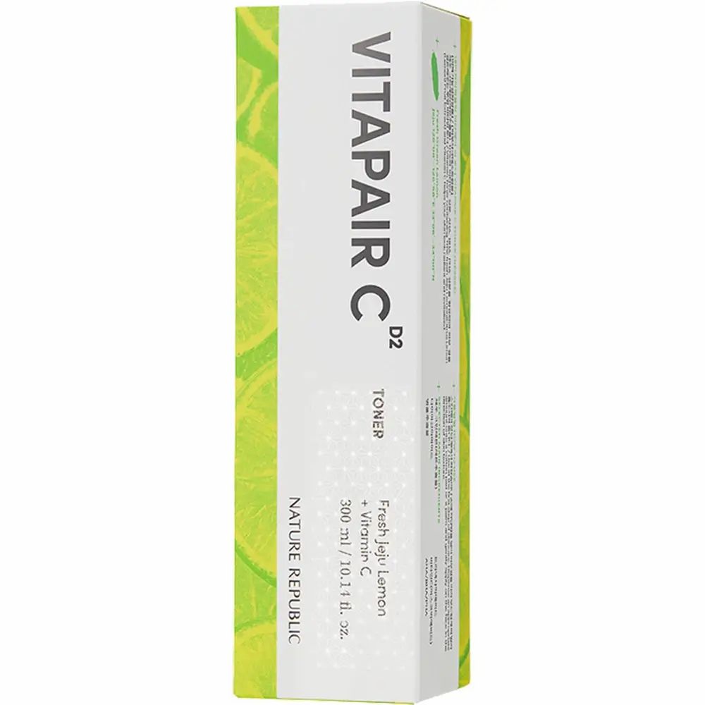 Verpakking van VITAPAIR C Toner. Opschrift: Fresh Jeju Lemon + Vitamine C. Merk: NATURE REPUBLIC. Groen-wit ontwerp.
