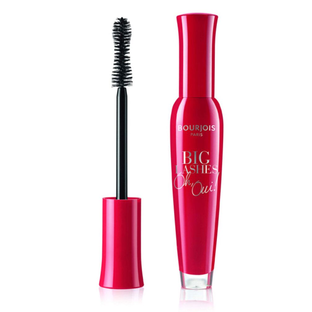 Brosse et flacon de mascara rouge. Inscription : Bourjois Paris, Big Lashes Oui. Brosse noire.