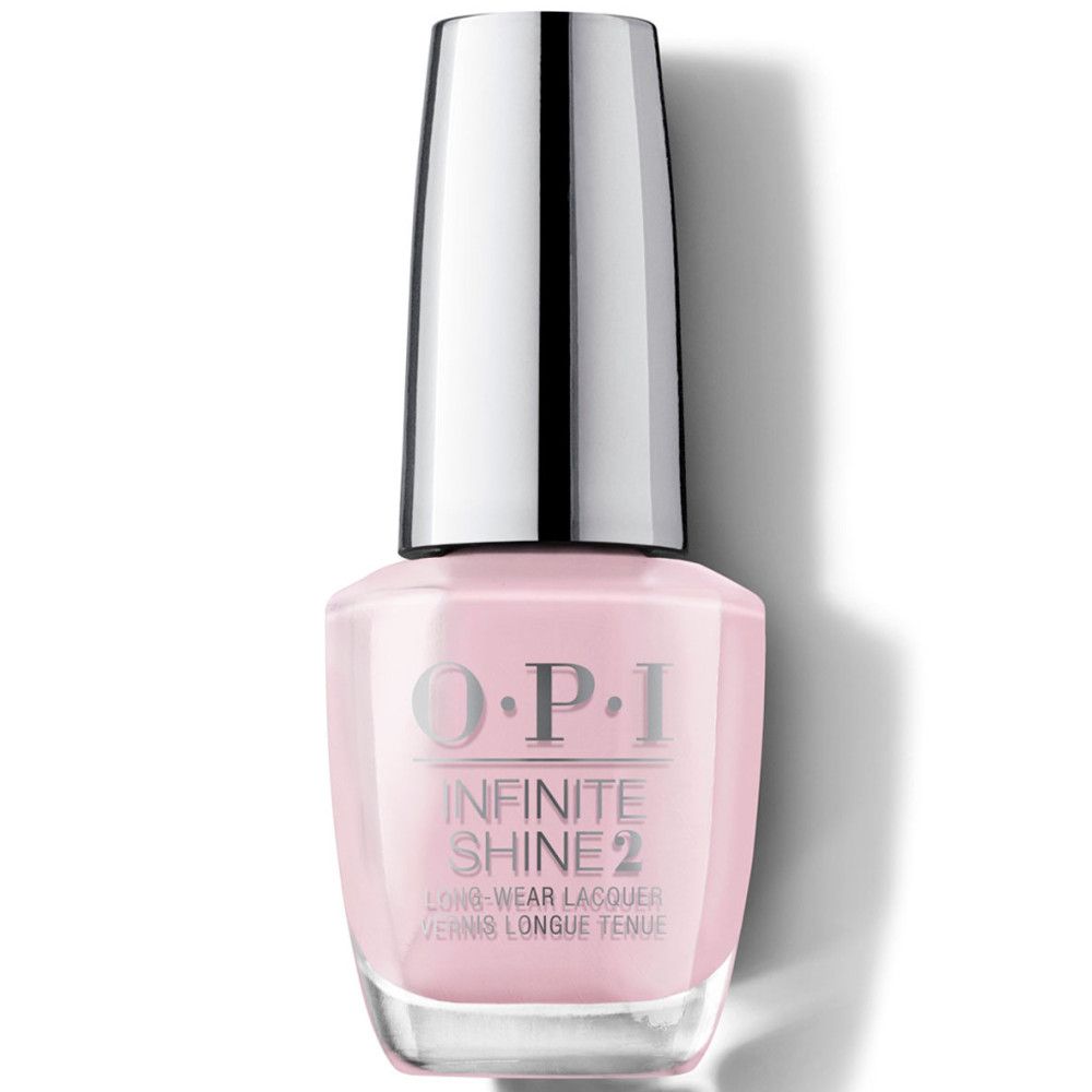 Flacon de vernis à ongles OPI Infinite Shine 2. Vernis rose, bouchon argenté.