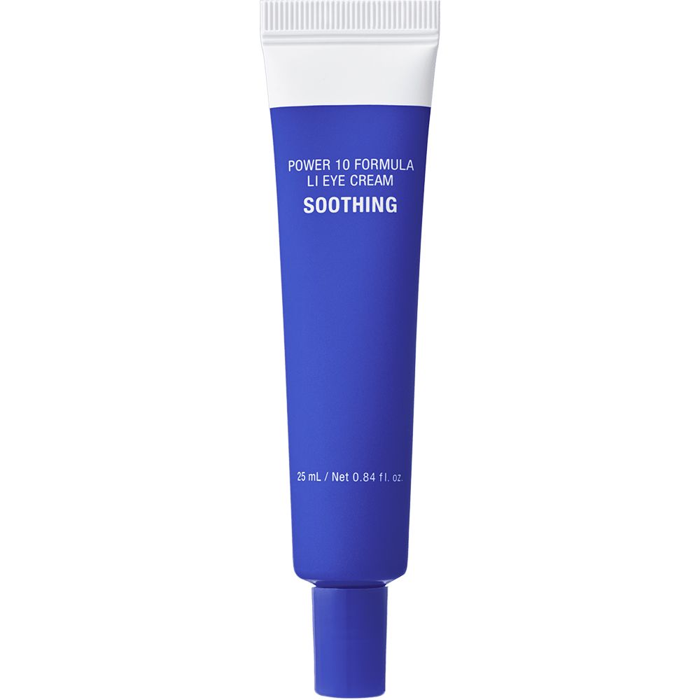 Tube bleue et blanche. Inscription : POWER 10 FORMULA LI EYE CREAM SOOTHING. Contenance : 25 ml.