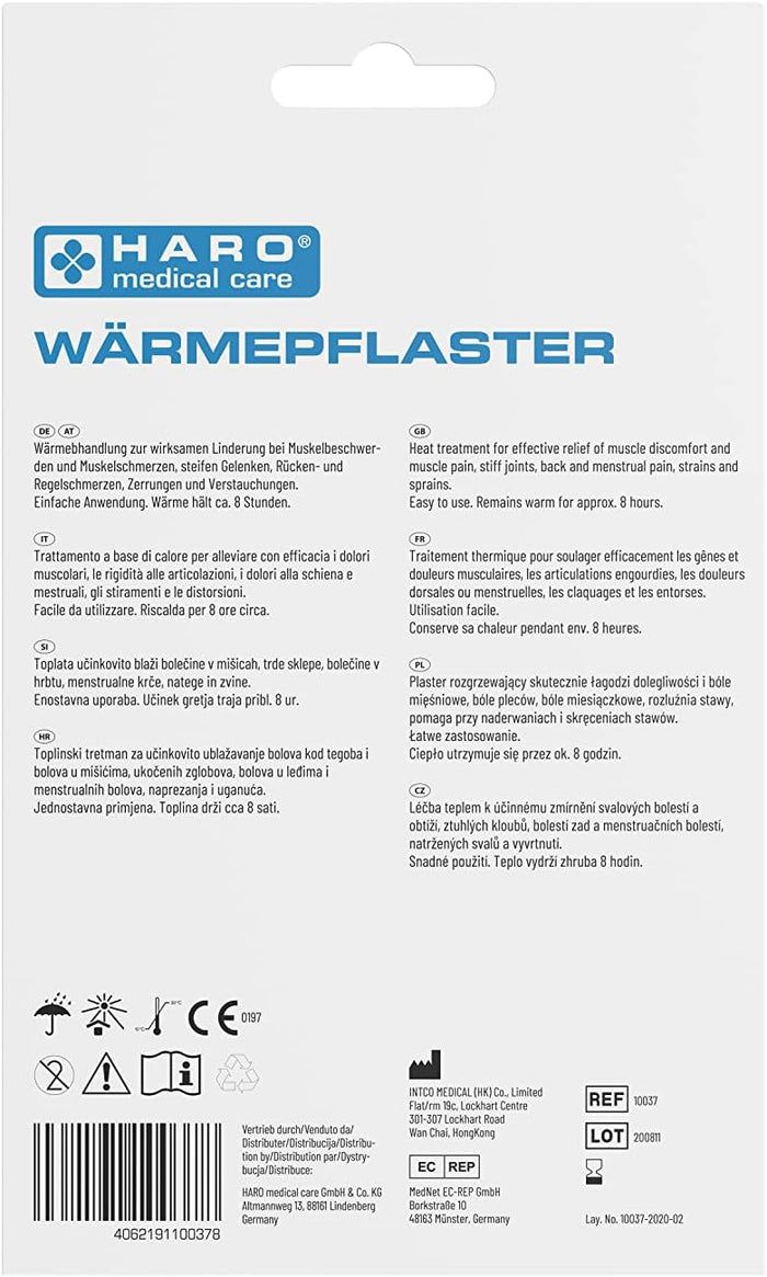 Achterkant van de Haro Wärmepflaster verpakking. Tekst in meerdere talen. Logo: Haro Medical Care. Informatie over gebruik en ingrediënten.