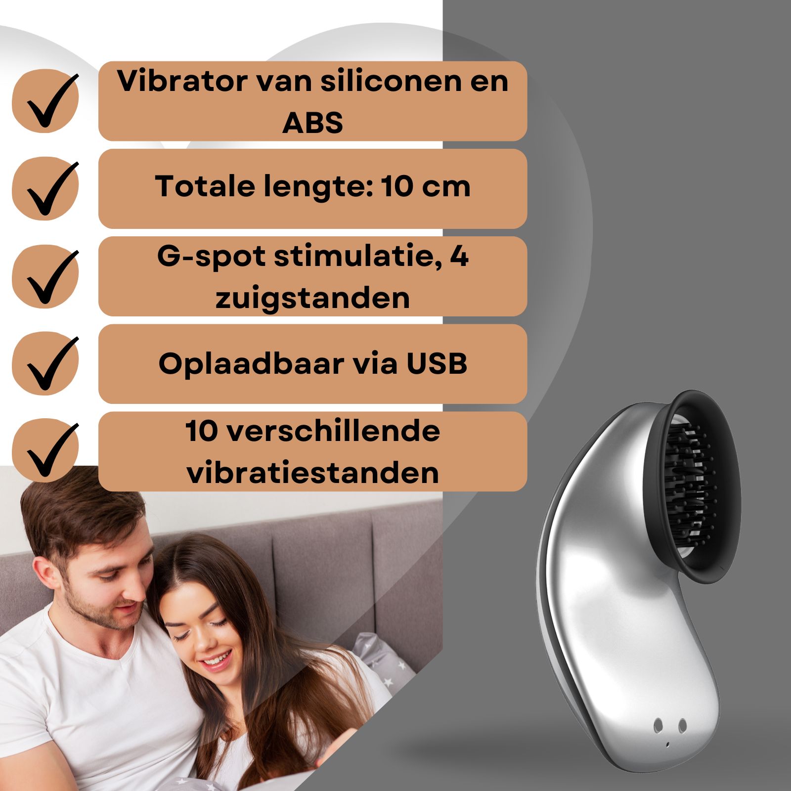 Koppel in bed, zilveren vibrator met USB-oplaadkabel.