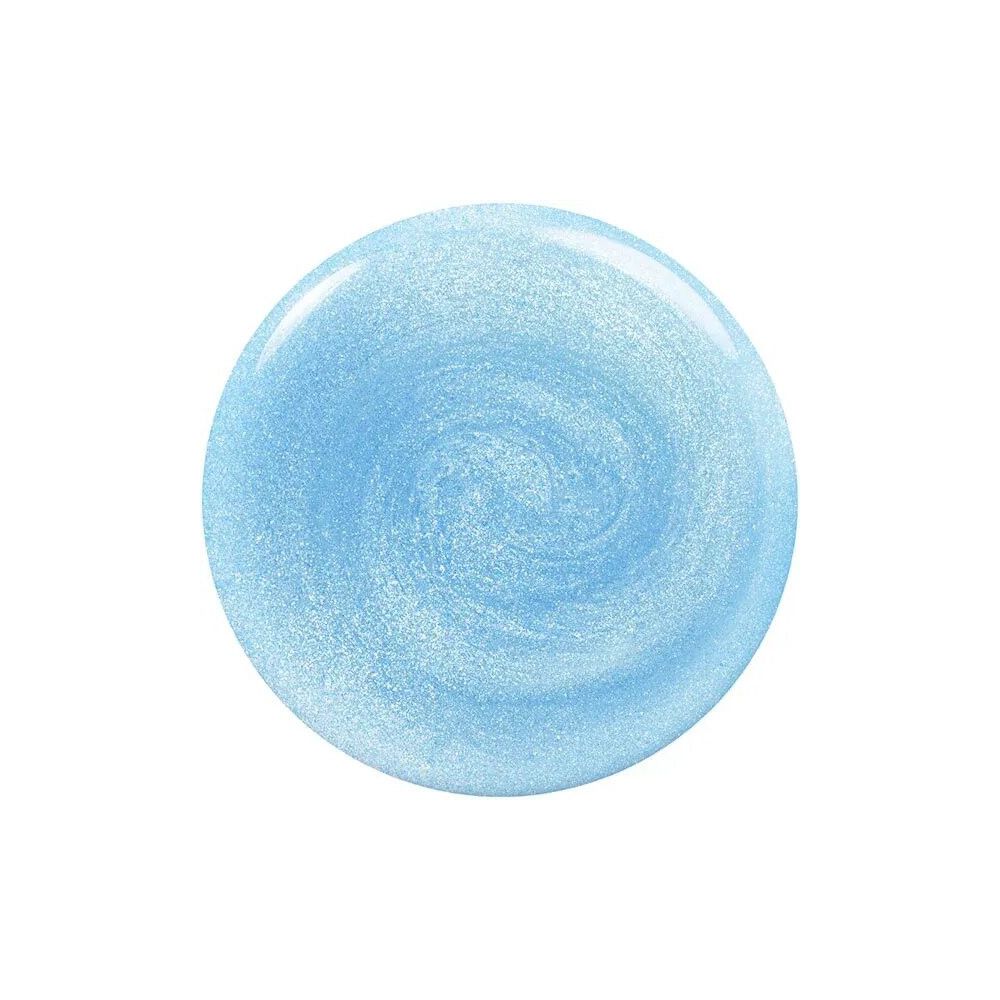 Blauwe glinsterende nagellakvlek op witte achtergrond. Ronde vorm met wervelpatroon.