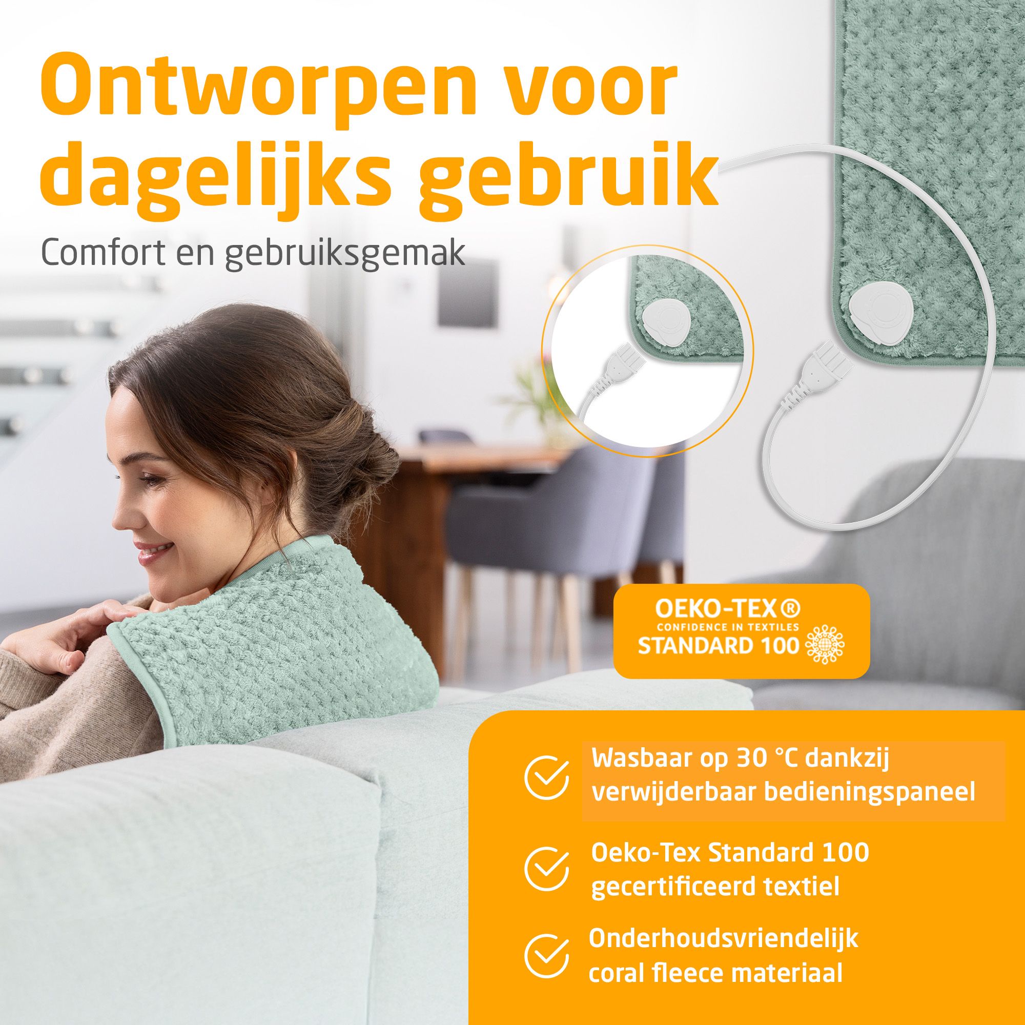 Groen warmtekussen met kabel. Wasbaar op 30°. Oeko-Tex Standard 100 gecertificeerd. Onderhoudsvriendelijk coral fleece.