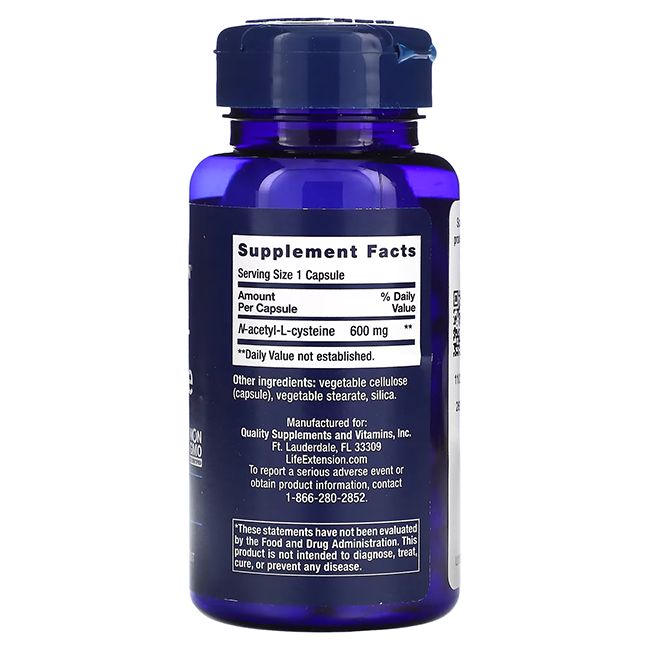Dos de la bouteille de gélules Life Extension N-Acetyl-L-Cystéine (NAC) 600 mg avec informations nutritionnelles.